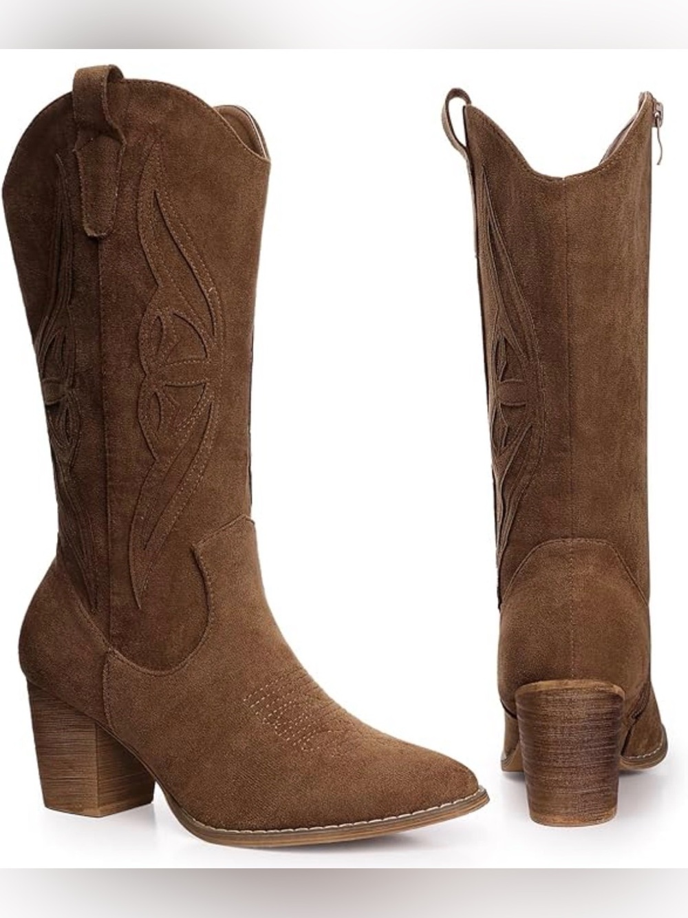 Women's Brown Suede Western Ankle Boots with Block Heel